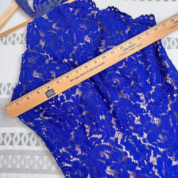 Lotus Threads Beaded Neckline Lace Jumpsuit Cobalt Blue Lace Illusion Halter - Picture 14 of 14